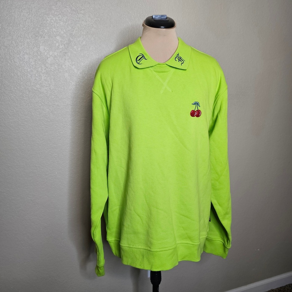 Teddy Fresh Neon Lime Green polo Collared Cherry Embroidered Sweatshirt Large